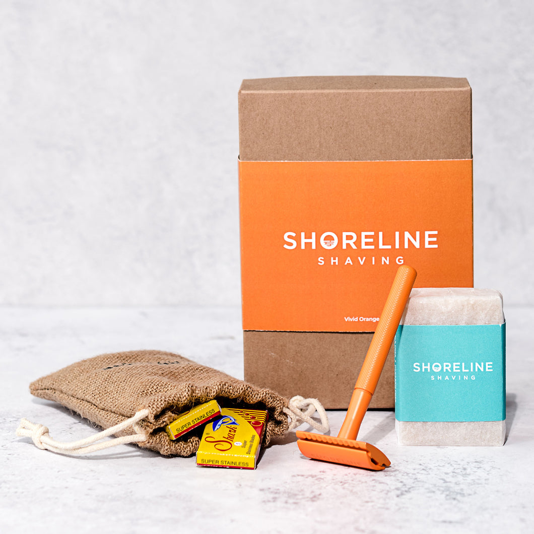 Eco-friendly shaving kit with vivid orange metal safety razor - Shoreline Shaving