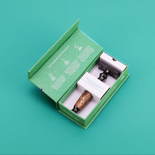 Load image into Gallery viewer, Gunmetal Bamboo Safety Razor in open gift box - Shoreline Shaving
