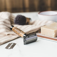 Load image into Gallery viewer, Bamboo safety razors in gunmetal and chrome silver with natural soap bar - Shoreline Shaving
