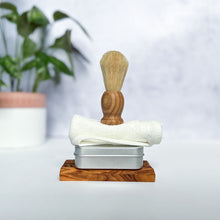 Load image into Gallery viewer, A plastic-free shaving brush accessory bundle including shaving cloth, travel soap tin and flat &amp; grooved shaped olive wood soap dish - Shoreline Shaving
