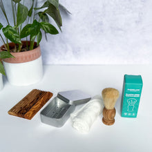 Load image into Gallery viewer, Shaving brush accessory bundle with soap tin, shaving brush with teal box, flat wooden soap dish and bamboo cloth - Shoreline Shaving
