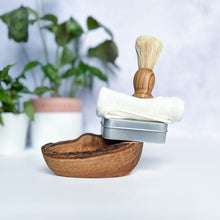 Load image into Gallery viewer, A plastic-free shaving brush accessory bundle including shaving cloth, travel soap tin and oval shaped olive wood soap dish - Shoreline Shaving
