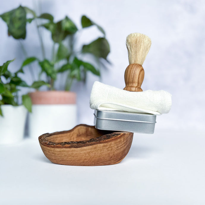 A plastic-free shaving brush accessory bundle including shaving cloth, travel soap tin and oval shaped olive wood soap dish - Shoreline Shaving