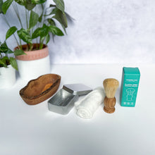 Load image into Gallery viewer, Shaving brush accessory bundle with soap tin, shaving brush with teal box, oval wooden soap dish and bamboo cloth - Shoreline Shaving
