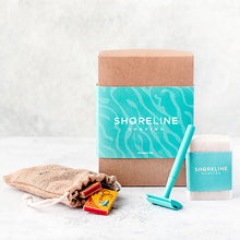 Load image into Gallery viewer, Eco-friendly shaving kit with reusable teal safety razor - Shoreline Shaving
