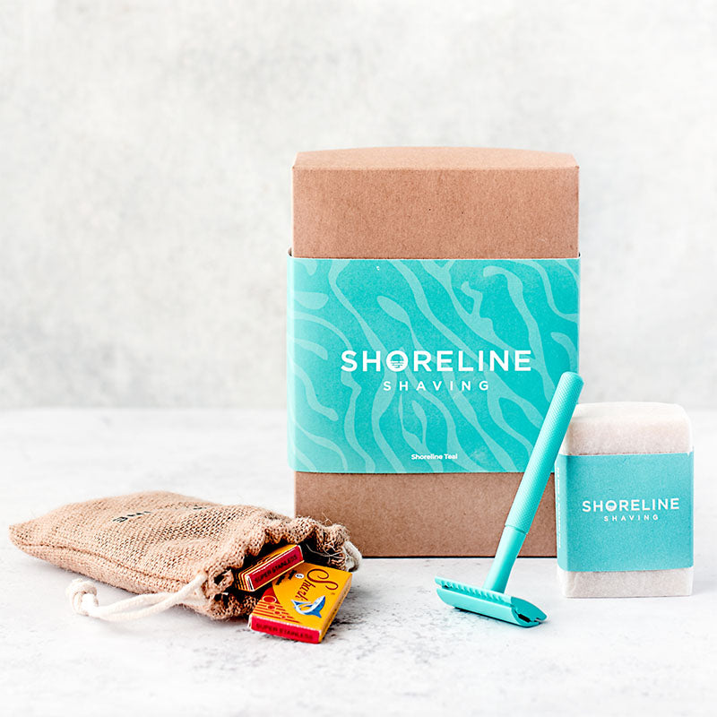 Eco-friendly shaving kit with reusable teal safety razor - Shoreline Shaving