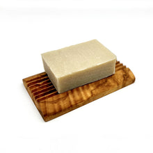 Load image into Gallery viewer, Flat rectangular olive wood soap dish with shaving soap - Shoreline Shaving
