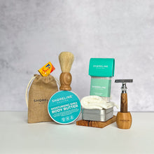 Load image into Gallery viewer, The keen shaver bundle with chrome silver bamboo safety razor, shaving soap, blade tin, stand, soap tin and many more accessories - Shoreline Shaving
