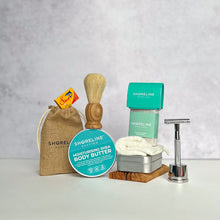 Load image into Gallery viewer, The keen shaver bundle with classic silver metal safety razor, shaving soap, blade tin, stand, soap tin and many more accessories - Shoreline Shaving
