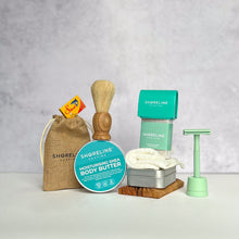 Load image into Gallery viewer, The keen shaver bundle with mint green safety razor, shaving soap, blade tin, stand, soap tin and many more accessories - Shoreline Shaving

