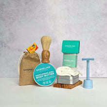 Load image into Gallery viewer, The keen shaver bundle with pale blue safety razor, shaving soap, blade tin, stand, soap tin and many more accessories - Shoreline Shaving
