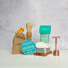 Load image into Gallery viewer, The keen shaver bundle with rose gold safety razor, shaving soap, blade tin, stand, soap tin and many more accessories - Shoreline Shaving
