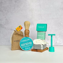 Load image into Gallery viewer, The keen shaver bundle with signature teal safety razor, shaving soap, blade tin, stand, soap tin and many more accessories - Shoreline Shaving
