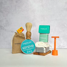 Load image into Gallery viewer, The keen shaver bundle with vivid orange safety razor, shaving soap, blade tin, stand, soap tin and many more accessories - Shoreline Shaving
