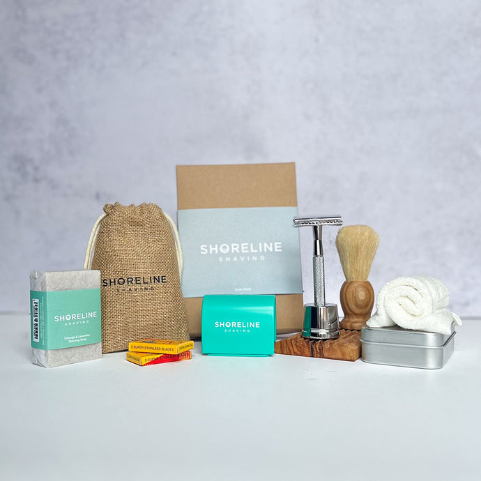 Men's grooming bundle with classic silver (shiny) safety razor shaving kit - Shoreline Shaving