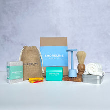 Load image into Gallery viewer, Men&#39;s grooming bundle with pale blue safety razor shaving kit - Shoreline Shaving
