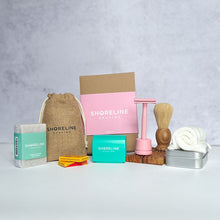 Load image into Gallery viewer, Men&#39;s grooming bundle with pastel pink safety razor shaving kit - Shoreline Shaving
