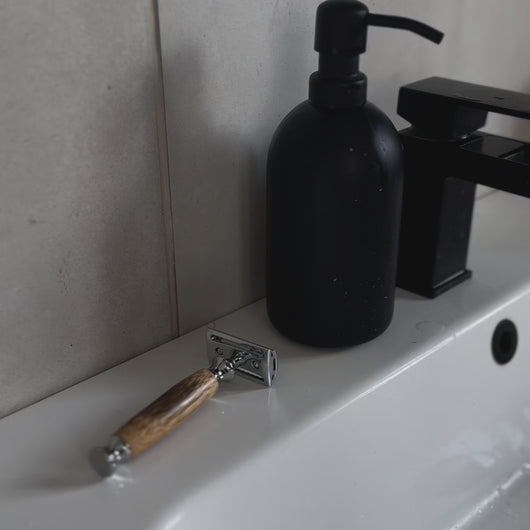 Male shaving face using Chrome Silver Bamboo Safety Razor