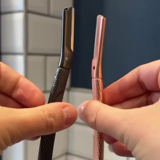 Video of rose gold and matte black dermaplaner facial razors, showing the details - Shoreline Shaving