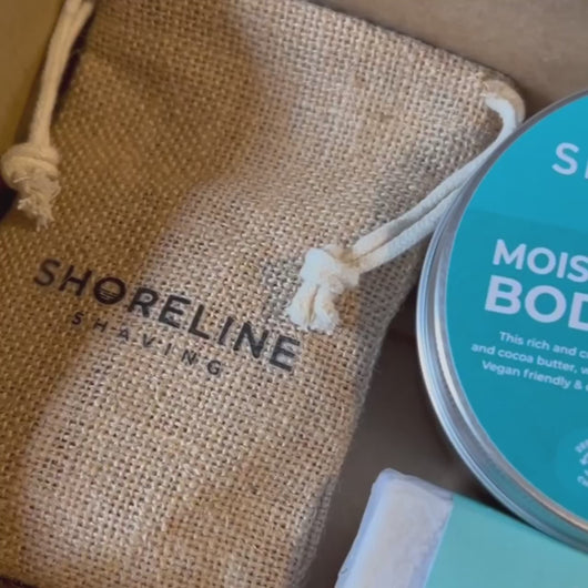 Video displaying application of shea rich body butter - Shoreline Shaving