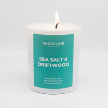 Load image into Gallery viewer, Sea salt &amp; driftwood natural soy wax candle on a plain white background by Shoreline Shaving
