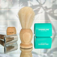 Load image into Gallery viewer, Plastic-free shaving brush with chrome silver bamboo razor and blade disposal tin - Shoreline Shaving

