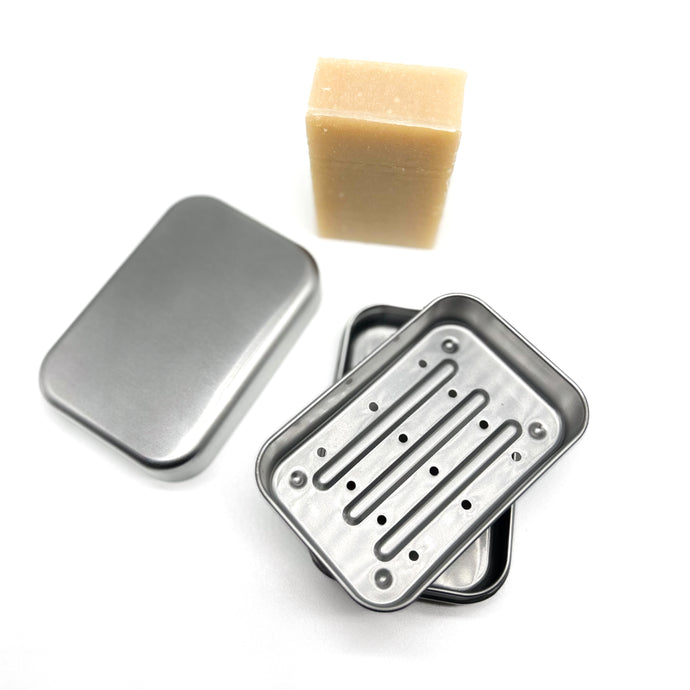Travel soap tin with drip tray and shaving soap - Shoreline Shaving