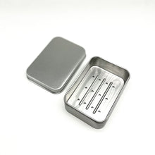 Load image into Gallery viewer, Metal travel soap tip with lid off and tray inserted - Shoreline Shaving
