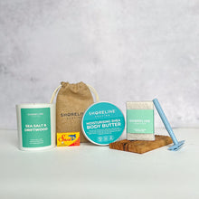 Load image into Gallery viewer, Winter pamper bundle with pale blue razor, soy wax candle, natural moisturiser, soap dish and more shaving accessories - Shoreline Shaving
