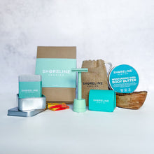 Load image into Gallery viewer, Women&#39;s grooming bundle with mint green safety razor, matching stand, blade bank, wooden soap dish, natural moisturiser and more shaving accessories - Shoreline Shaving
