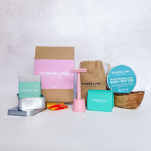 Load image into Gallery viewer, Women&#39;s grooming bundle with pastel pink safety razor, matching stand, blade bank, wooden soap dish, natural moisturiser and more shaving accessories - Shoreline Shaving
