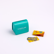 Load image into Gallery viewer, Razor blade disposal tin with Shark razor blades - Shoreline Shaving
