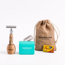 Load image into Gallery viewer, Travel shaving gift set with chrome silver safety razor - Shoreline Shaving
