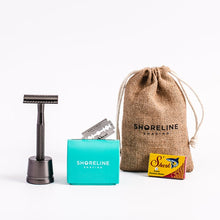 Load image into Gallery viewer, Travel shaving gift set with matte black safety razor - Shoreline Shaving
