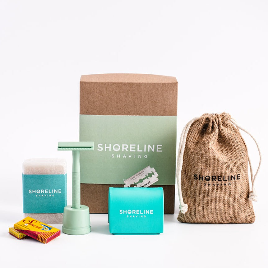 Ultimate eco-shaving kit gift set with mint green metal safety razor - Shoreline Shaving
