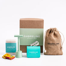 Load image into Gallery viewer, Ultimate eco-shaving kit gift set with mint green metal safety razor - Shoreline Shaving
