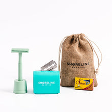 Load image into Gallery viewer, Travel shaving gift set with mint green safety razor - Shoreline Shaving
