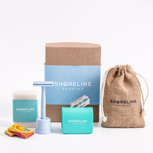 Load image into Gallery viewer, Ultimate eco-shaving kit gift set with pale blue safety razor - Shoreline Shaving
