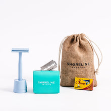 Load image into Gallery viewer, Travel shaving gift set with pale blue safety razor - Shoreline Shaving

