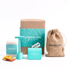 Load image into Gallery viewer, Ultimate eco-shaving kit gift set with teal metal safety razor - Shoreline Shaving
