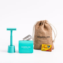 Load image into Gallery viewer, Travel shaving gift set with teal safety razor - Shoreline Shaving
