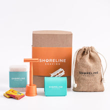 Load image into Gallery viewer, Ultimate eco-shaving kit gift set with vivid orange metal safety razor - Shoreline Shaving
