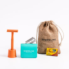 Load image into Gallery viewer, Travel shaving gift set with vivid orange safety razor - Shoreline Shaving
